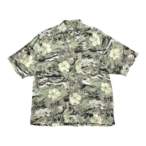USA 古着 90S TOMMY BAHAMA トミーバハマ レーヨン キャンプシャツ アロハシャツ ハワイアンシャツ メンズL オリーブ系 BF2670
