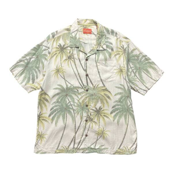 USA 古着 Tommy Bahama トミーバハマ アロハシャツ キャンプシャツ シルク 開襟 オープンカラー ヤシの木 アイボリー メンズXL BF2616