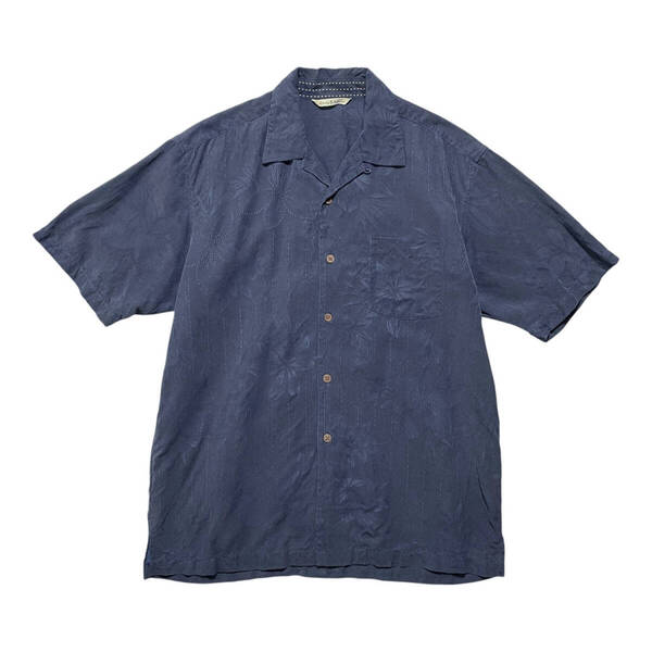 USA 古着 Tommy Bahama トミーバハマ アロハシャツ キャンプシャツ シルク 開襟 ネイビー ジャガード メンズM BF2618