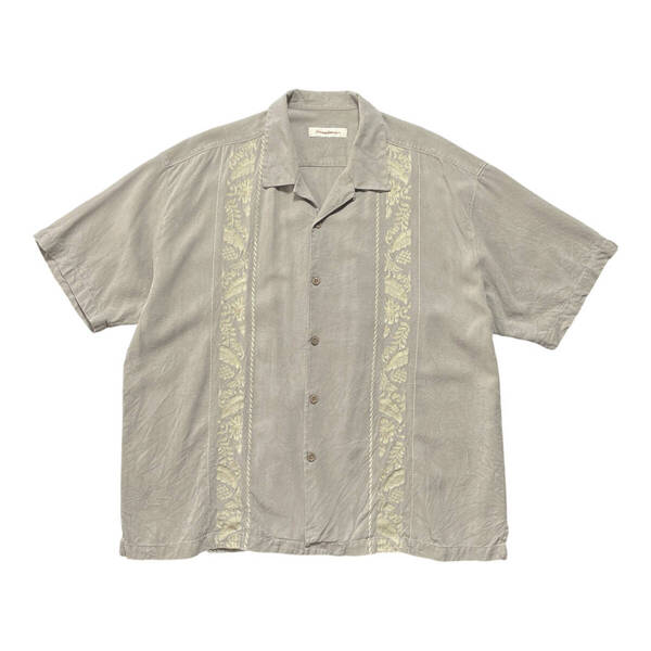 USA 古着 Tommy Bahama トミーバハマ アロハシャツ キャンプシャツ シルク 開襟 刺? ストライプ カーキ メンズXXL 大きいサイズ BF2621