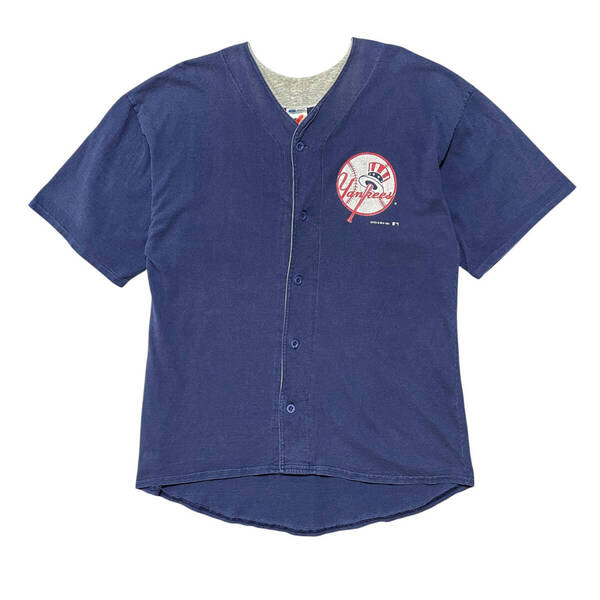 USA 古着 90S MLB 旧ロゴ ニューヨークヤンキース ヴィンテージ ベースボールシャツ ユニフォーム メンズL シングルステッチ BK0051