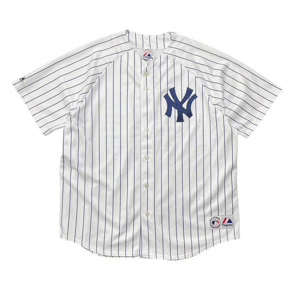 USA 古着 00S マジェスティック MLB ニューヨークヤンキース デレックジーター ベースボールシャツ ユニフォーム ピンストライプ BK0052