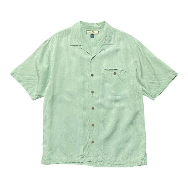 USA 古着 Tommy Bahama トミーバハマ アロハシャツ キャンプシャツ シルク 開襟 ジャガード カジキマグロ ミントグリーン メンズM BF2558