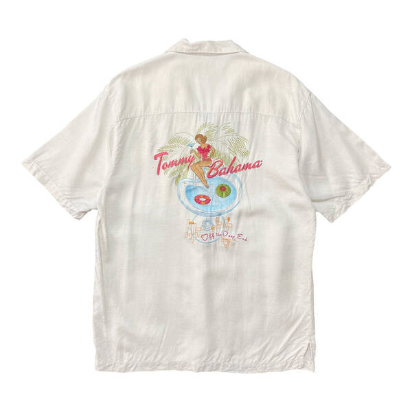USA 古着 Tommy Bahama トミーバハマ シルク 開襟 キャンプシャツ アロハシャツ ハワイアンシャツ 刺繍プリント メンズS ホワイト系 BF2696