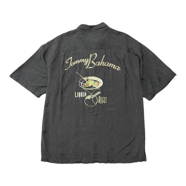 USA 古着 TOMMY BAHAMA トミーバハマ シルク キャンプシャツ アロハシャツ ハワイアンシャツ 刺繍プリント ブラック メンズL 黒色 BF2704