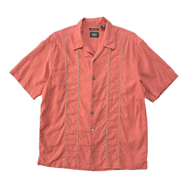 USA 古着 Haggar ハガー リネン/レーヨン 開襟 オープンカラーシャツ 半袖シャツ ストライプパネル メンズM ヴィンテージ BF2754