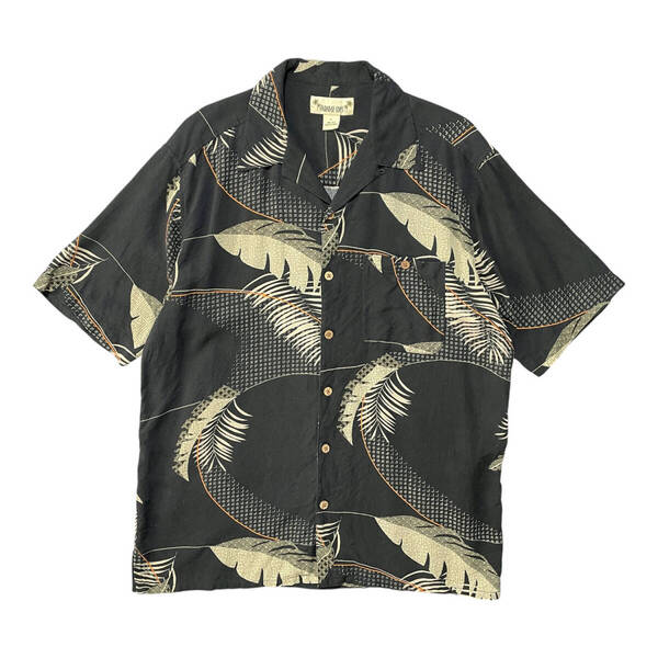 USA 古着 PARADISE COVES パラダイスコーヴ シルク 開襟 アロハシャツ ハワイアンシャツ リーフ柄 メンズL ブラック 黒色 BF2714