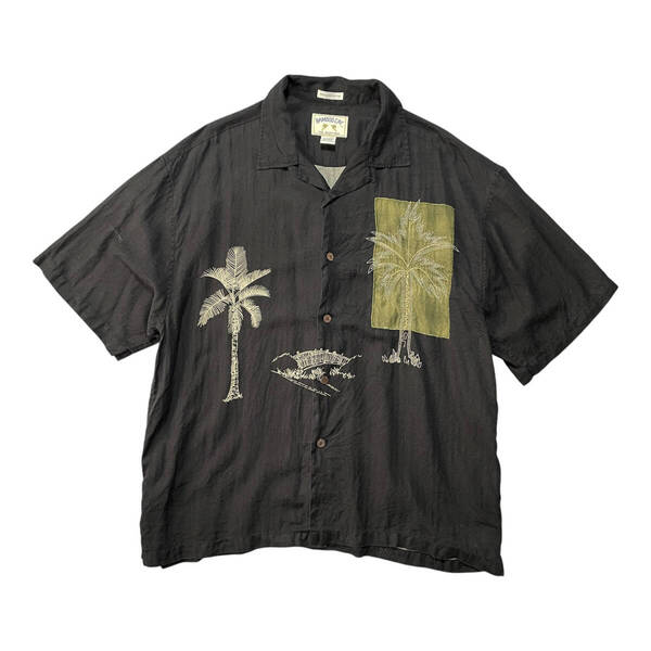 USA 古着 BAMBOO CAY バンブーケイ シルク/コットン 開襟 アロハシャツ ハワイアンシャツ 刺繍 パームツリー メンズXXL ブラック BF2716