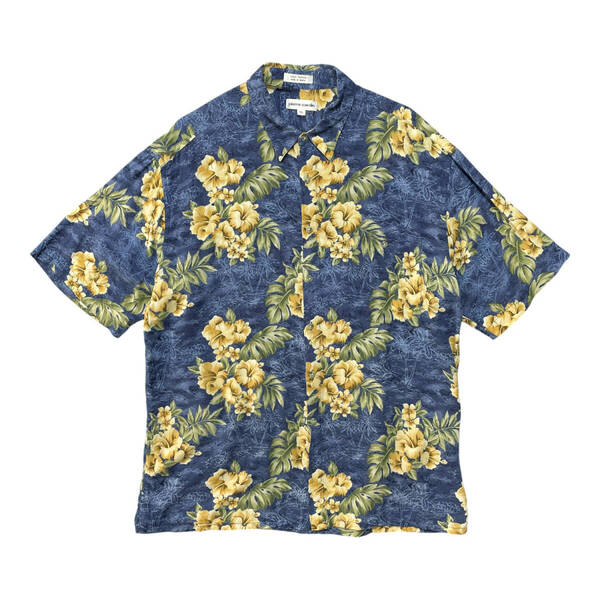 USA 古着 pierre cardin ピエールカルダン レーヨン アロハシャツ ハワイアンシャツ ハイビスカス リーフ柄 メンズXL ネイビー BF2733