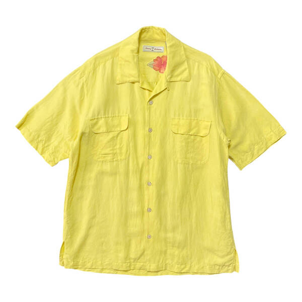 USA 古着 Tommy Bahama トミーバハマ リネン/シルク 開襟 キャンプシャツ ビーチシャツ アロハシャツ イエロー メンズL 刺繍 黄色 BF2740