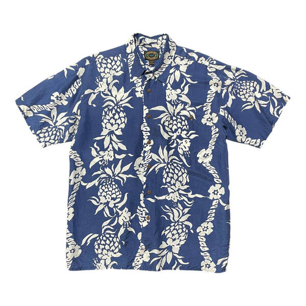 USA 古着 HAWAIIAN COMPANY ハワイアンカンパニー シルク アロハシャツ ハワイアンシャツ メンズM リーフ柄 ネイビー 紺色 BF2770