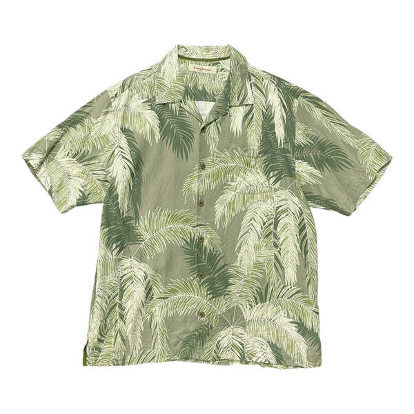 USA 古着 Tommy Bahama トミーバハマ シルク 開襟 キャンプシャツ アロハシャツ ハワイアンシャツ メンズL リーフ柄 グリーン BF2773