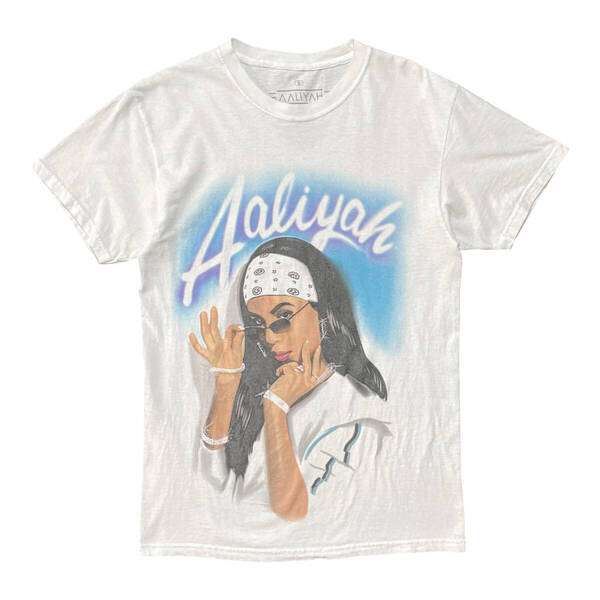 USA 古着 Aaliyah アリーヤ Tシャツ プリント ホワイト クルーネック メンズS ヒップホップT R&B BA3596