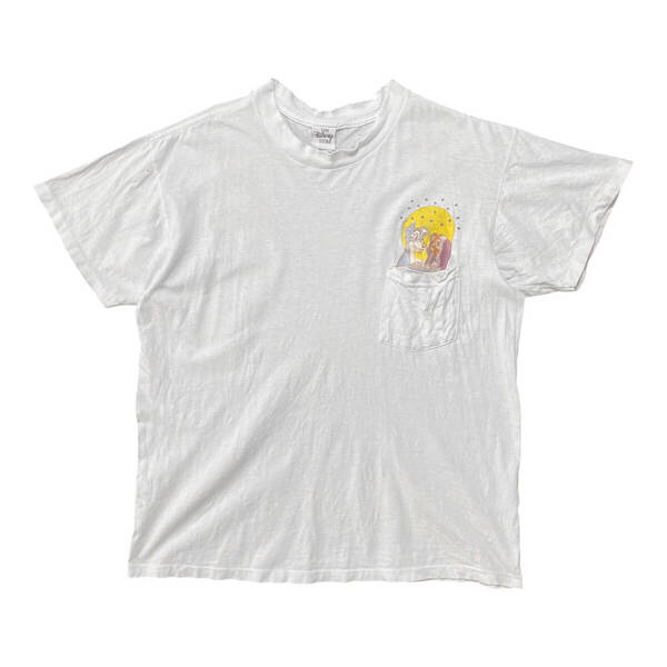 古着 USA製 90S Disney ディズニー わんわん物語 ヴィンテージ Tシャツ 刺繍 ポケT ホワイト シングルステッチ 穴あき ボロ BA3598
