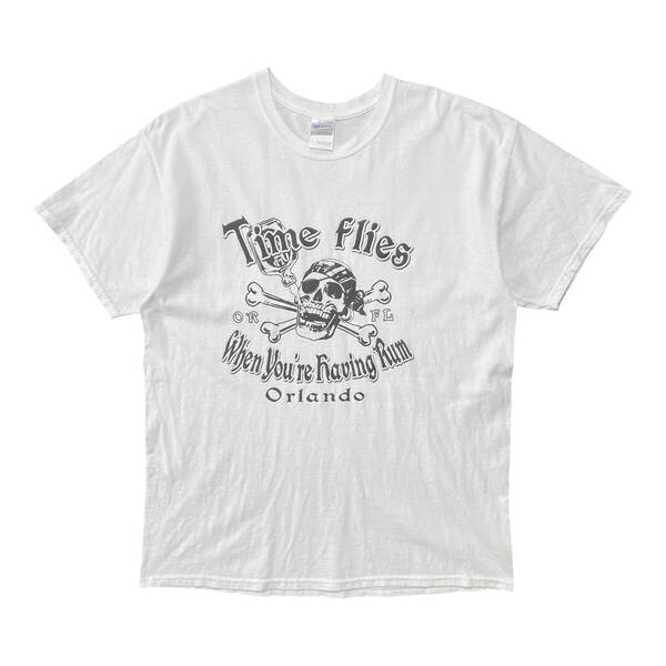 USA 古着 ドクロ ガイコツ Tシャツ オーランド プリント ホワイト クルーネック メンズL BA3601