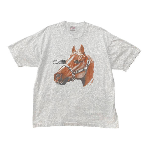 古着 USA製 90S アニマル ヴィンテージ Tシャツ 馬 競走馬 グレー メンズXL クルーネック BA3609