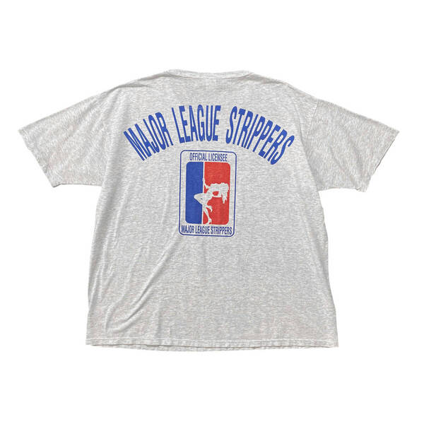 古着 USA製 90S ラッセル メジャーリーグ ストリップ ヴィンテージ Tシャツ バックプリント グレー メンズXL クルーネック BA3611