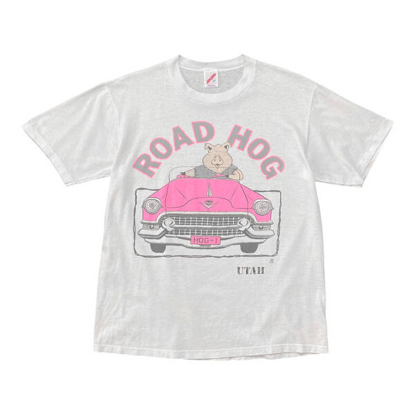 古着 USA製 90S ヴィンテージ ピンク キャデラック フリートウッド Tシャツ ブタ プリント ホワイト メンズL クルーネック BA3612