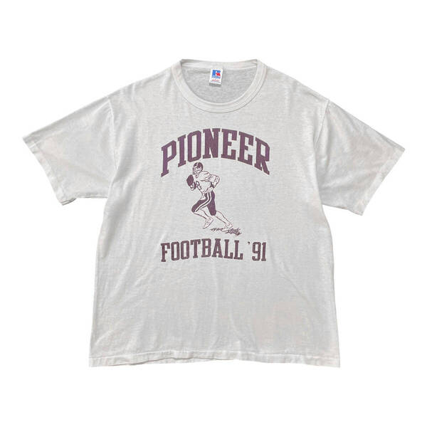 古着 USA 90S ラッセル パイオニア大学 カレッジ ヴィンテージ Tシャツ フットボール プリント ホワイト シングルステッチ BA3620