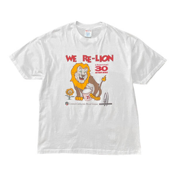 USA 古着 90S ライオン ヴィンテージ Tシャツ キャラクター プリント ホワイト メンズXL クルーネック シングルステッチ BA3622
