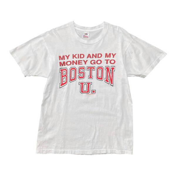古着 USA製 90S ボストン大学 カレッジ ヴィンテージ Tシャツ プリント ホワイト メンズL クルーネック BA3619