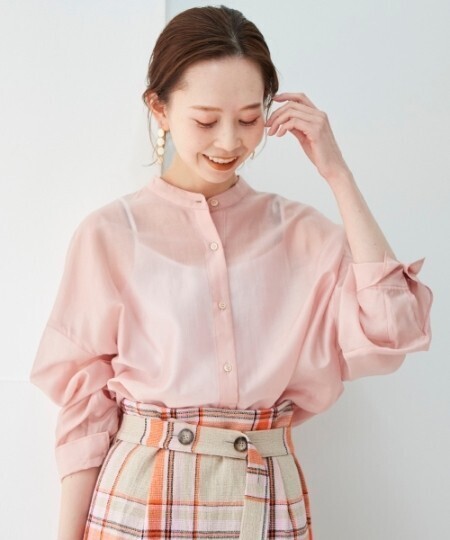 春夏物★美品★le.coeur blanc ナチュラルオーガンジーシアーシャツ 定価13,200円 ピンク ルクールブラン オフィス 通勤