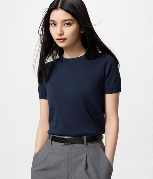 匿名発送 未開封 送料込 ユニクロ UVカット クルーネックセーター 半袖 ネイビー M