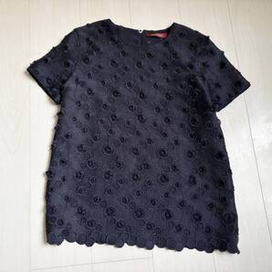 美品 Max Mara Studio マックスマーラ スタジオ カットソー 素材切替 ドット 水玉 透かし編み 紺 ネイビー 半袖 ルーマニア製 ▼0473