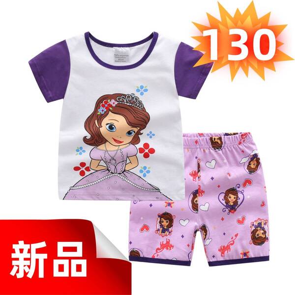 ★新品★キッズ プリンセス パジャマ 半袖Tシャツ&ショートパンツ 上下セット 女の子 ティアラ 紫 かわいい 部屋着 寝間着 綿 サイズ 130cm