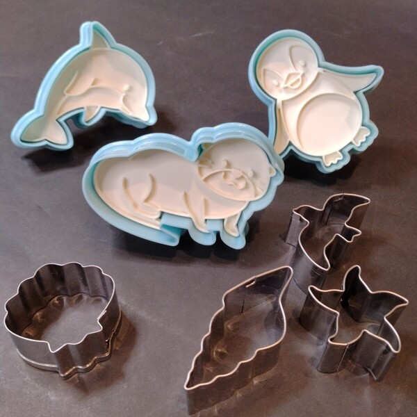 【クッキー型7点セット】アクアリウム・スタンプクッキー型(ペンギン ラッコ イルカ)ステンレス製(ヒトデ カモメ 巻貝 二枚貝)