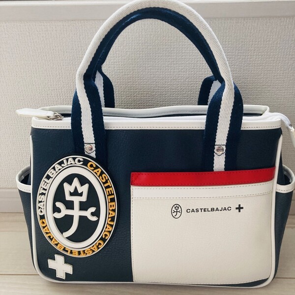 ★極美品★ カステルバジャック CASTELBAJAC ドライビングトート ハンドバッグ ミック マリンカラー Mick 白 ホワイト ネイビー NV 家紋