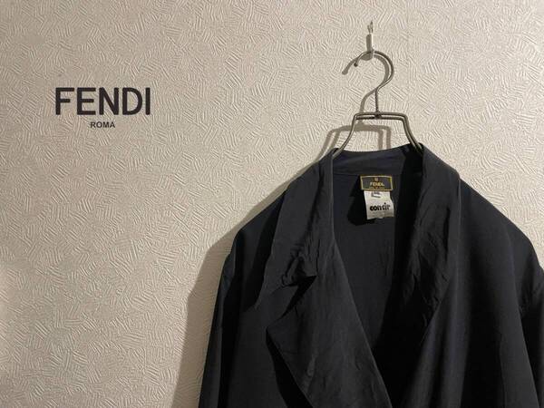 ◯ イタリア製 Vintage FENDI アシンメトリー シルク アンコン ジャケット / フェンディ テーラード ダブル シャツ 黒 38 Ladies #Sirchive