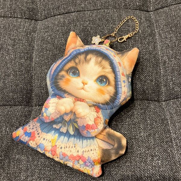 ハンドメイド ☆ ふわふわポーチ ニット帽猫 キーホルダー チャーム ミニポーチ ネコ ねこ カード お財布