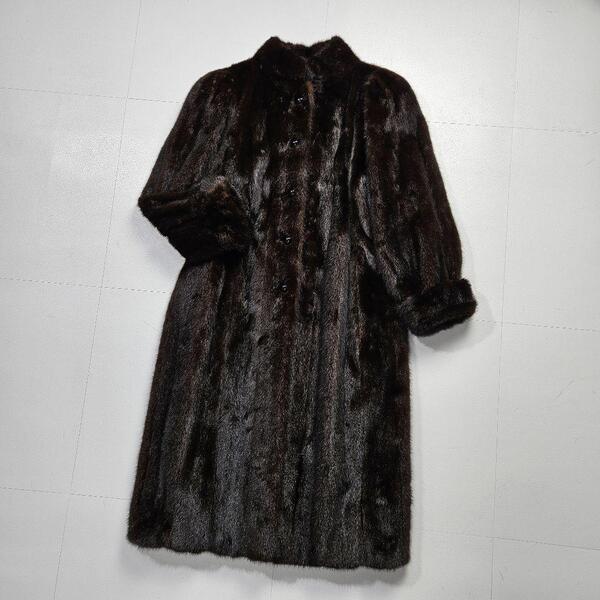 【美品】サンローラン ミンク 袖折り返し コート ブラウン ロゴ 毛皮 Yves Saint Laurent 総丈:120㎝