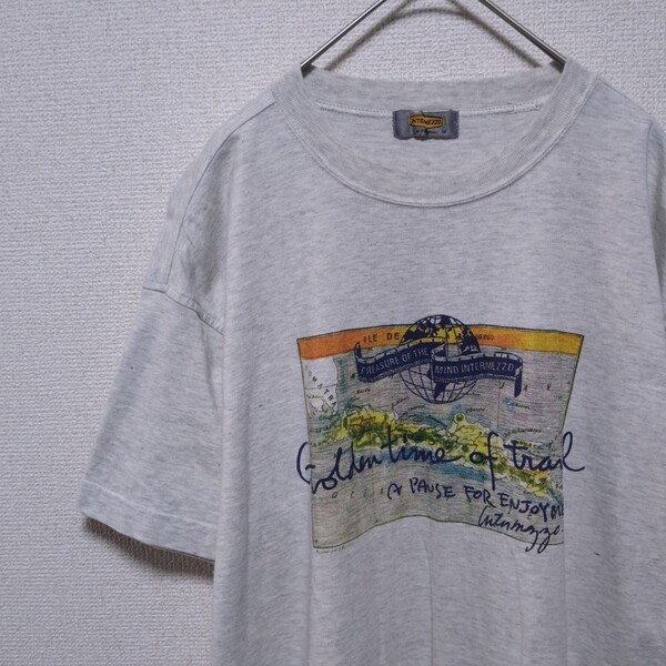 【 インターメッツォ 地球儀 Tシャツ Mサイズ 】 半袖シャツ トップス 綿シャツ アウター インナー プリント イラスト グレー ミックス 服