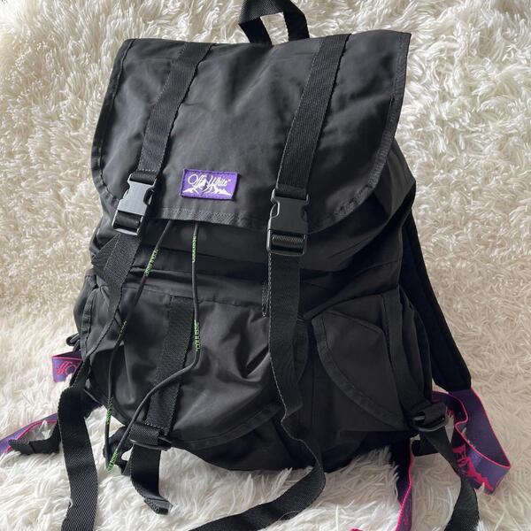 美品⑨Off-White オフホワイト マルチポケット バックパック ポリエステル リュック 大容量 ブラック×パープル×ピンク メンズ デイパック