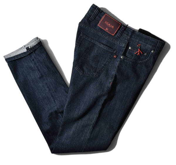 11万【ISAIA イザイア 新品】通年物◇本物志向のバルキーな赤耳デニム◇快適ストレッチ◆遊び満載!濃紺テーパードジーンズ/キーホルダー付