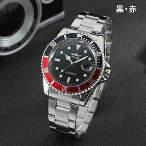 自動巻 時計 黒赤ダイヤル 新品 ベゼル逆回転防止 裏ブタスケ JRE1 オートマチック 機械式 3針カレンダー サブマリ 即納 格安