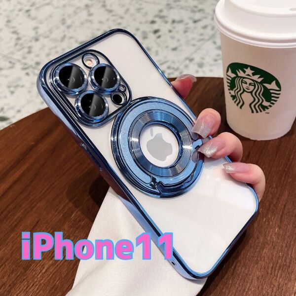 iPhone11 ケース 水色 メッキ リング スタンド MagSafe レンズ保護 カバー クリア iphone 対衝撃 青