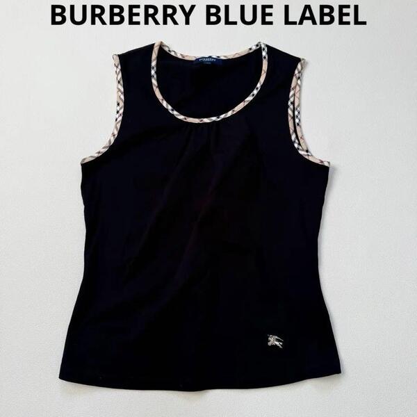 BURBERRY BLUE LABEL バーバリーブルーレーベル ノースリーブ トップス ホースロゴ M 2 ノバチェック 黒 ブラック