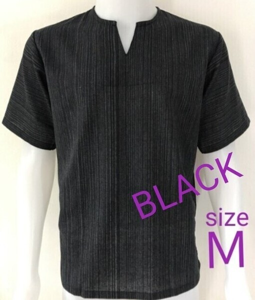 エスニック メンズ タイ産 コットン キーネック Tシャツ【M・ブラック】 綿 Vネック 半袖 シンプル 無地 アジアン トップス 春夏秋