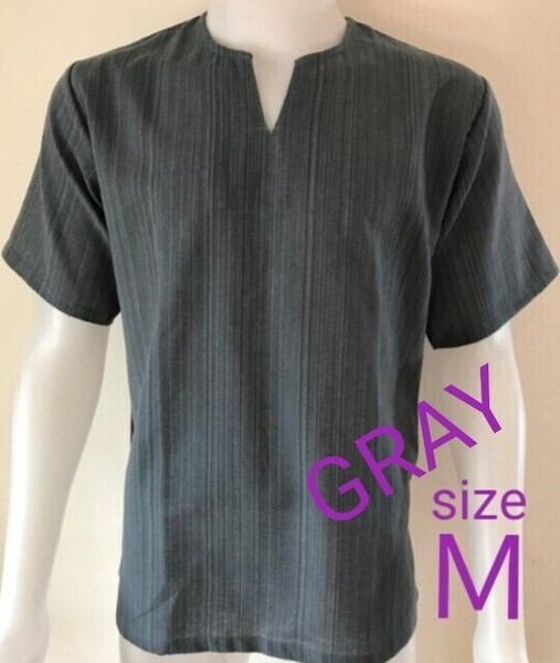【M・グレー】身幅ゆったり目 メンズ エスニック Tシャツ タイ産 コットン シンプル 無地 キーネック 半袖 夏 アジアントップス 綿