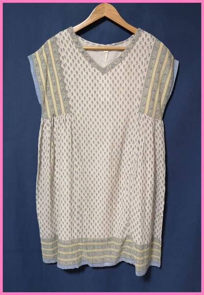 WH‐443‐3☆夏☆新品☆送料込み☆即決☆ナチュラル系☆綿麻混☆Mサイズ☆ワンピース☆ベージュ×ブルー系☆裏地有り☆ギャザー