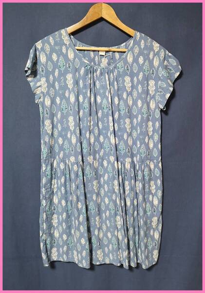 WH‐445‐2☆夏☆新品☆送料込み☆即決☆ナチュラル系☆綿レーヨン☆M☆チュニック☆ブルー系☆ティアード☆透け感有り☆葉っぱ柄