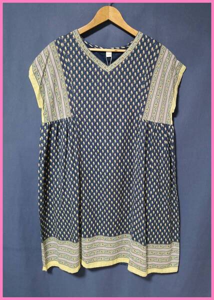 WH‐443‐2☆夏☆新品☆送料込み☆即決☆ナチュラル系☆綿麻混☆Mサイズ☆ワンピース☆ネイビー×グリーン系☆裏地有り