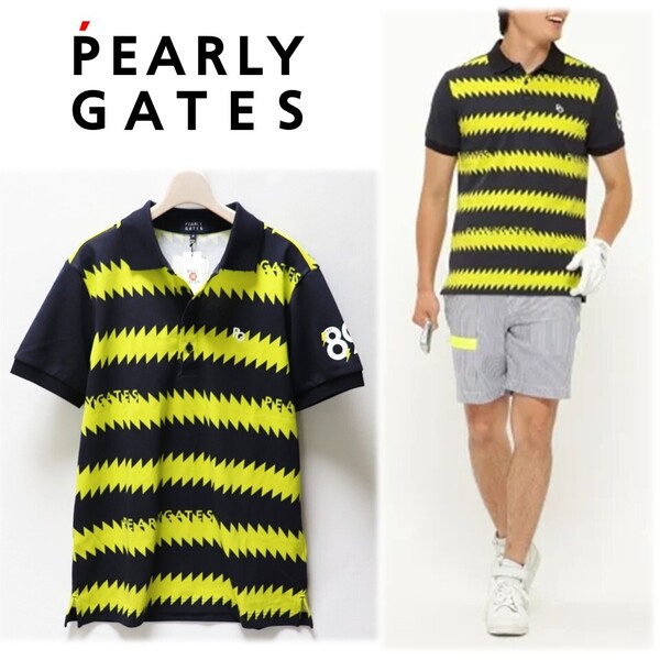 《PEARLY GATES パーリーゲイツ》新品 定価20,900円 フラッシュエレキ柄 鹿の子ポロシャツ ゴルフウェア デイリーユース 4(M) S1693