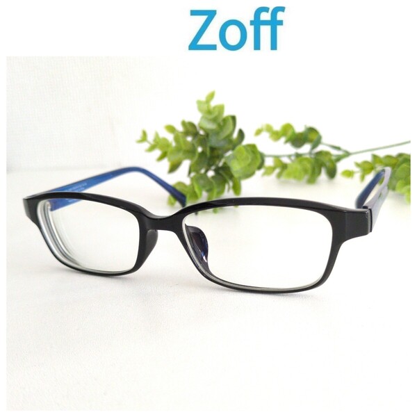 良品☆Zoff ゾフ メガネ 眼鏡 ブラック スクエア ブルー ネイビー 軽量 ユニセックス ウェリントン ビジネス 青 オシャレ 人気