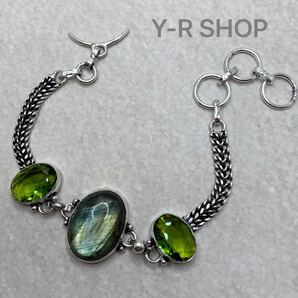 ラブラドライトとペリドットのアンティーク調ブレスレット★レディースメンズ腕輪バングルシルバー925刻印エスニック新品宝石Y-RSHOP卸売