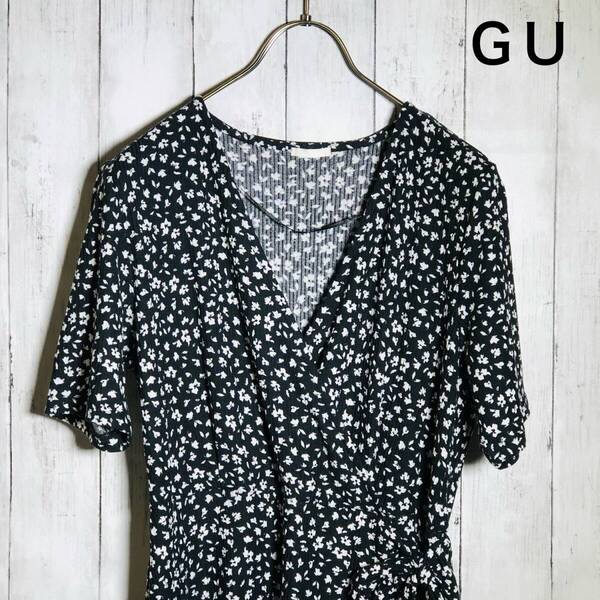 【GU】ジーユー 小花柄 半袖 カシュクール・ドレス ワンピース チュニック L-size ネイビー×ホワイト ストレッチ素材 裏地なし 裾フレアー