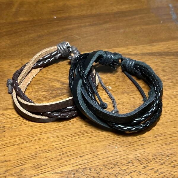 3713ブラック①、ブラウン②色 2本セット レザー 編み紐ブレスレット ハンドメイド アクセサリー 革紐 編み込み ブレスレット